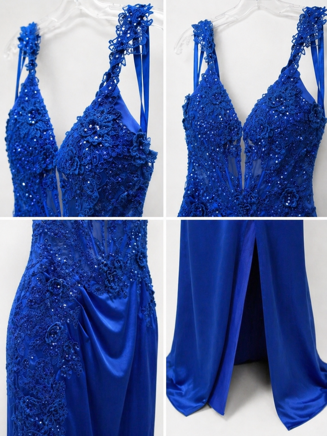 Royal Blue Satin Beaded Mermaid Prom Dress Spaghetti Strap High Slit Evening Gown