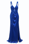 Royal Blue Satin Beaded Mermaid Prom Dress Spaghetti Strap High Slit Evening Gown